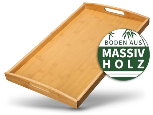 HEIMWERT Tablett Serviertablett Bambus Holz - besonders stabiles und leichtes Holztablett mit Griff - rechteckig Tablett Holz Serviertablett groß Serving Tray Küchen Deko Servierplatte (Natur)