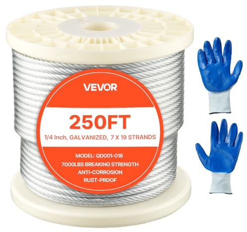 VEVOR Câble Acier au Carbone Galvanisé au Zinc, 6,35 mm x 76,2 m, Câble Métallique Tressé 7x19 Qualité Aéronautique Marine avec Gants, Résistance de Rupture 31,1 kN, pour Garde-corps, Clôture, Rampe
