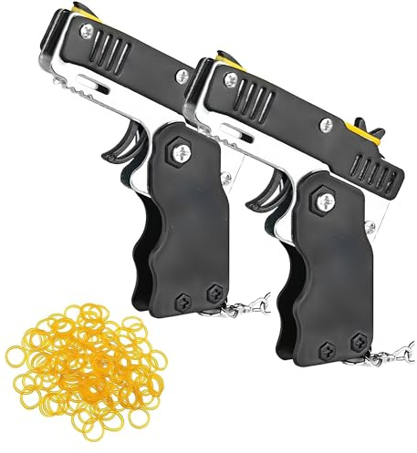 Hioseyre 2pcs Rubber Band Gun With 120 Pcs Soft Elastic Bands - Metal Folding Launcher Keychain for Teens Adults Shooting Outdoor Indoor Activities (Black)