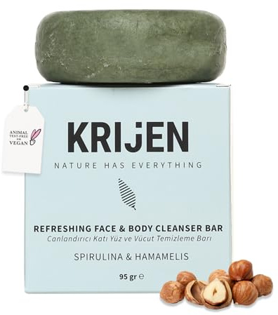 Krijen Festes Duschstück mit Spirulina & Hamamelis – Vegane Körperreinigungsbar für Mischhaut & normale Haut,unisex, parfümfrei, plastikfrei, handgemacht, mit Sheabutter, 95 g