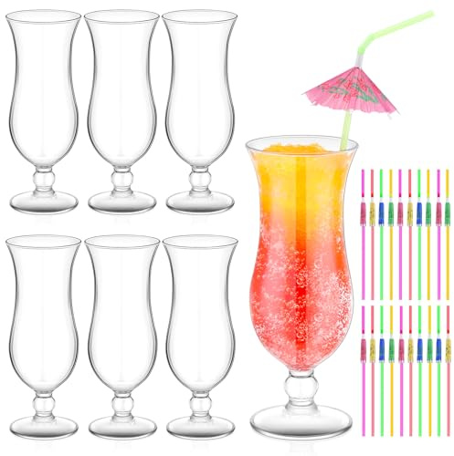 Baderke 6 Pcs Plastic Hurricane Glasses 13.5oz Break Resistant Drinking Glasses Reusable Plastic Pina Colada Cocktail Glasses Wine Margarita Tropical Beer Juice Beach Party with 20 Pcs Cocktail Straws