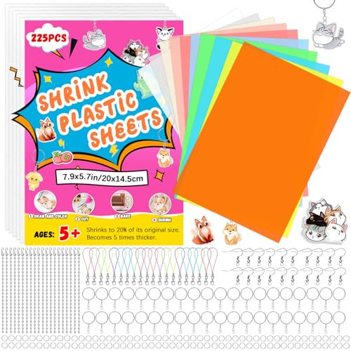 HIMOMO 225 Stück Schrumpffolien Set mit 20PCS Buntes Schrumpffolie zum Basteln, 5 Blank Schrumpffolie Schrumpfpapier, Stück Schlüsselanhängern und Kettchen für Kinder DIY Creative Craft(20 x 14,5 cm)