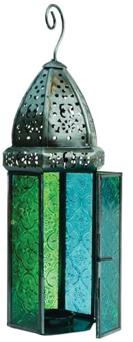 In the Breeze 9215 - Lanterna grande tealight esagonale verde e verde - Lanterna da tavolo in vetro e metallo Boho Chic in stile marocchino