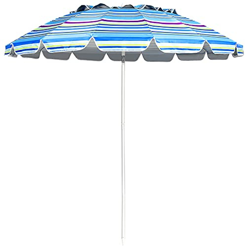 FANTASK Ombrellone da spiaggia, 220 cm, resistente al vento, UPF 50+, pieghevole a 30°, protezione solare con picchetto, Azzurro, 220 cm, Tropicale