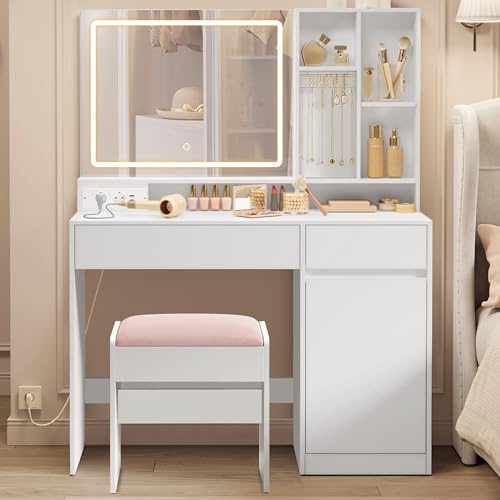 VASAGLE Schminktisch mit Schminkhocker, 110 cm breiter Frisiertisch mit Spiegel, Beleuchtung udn Steckdosenleiste, Sitzhocker gepolstert, wolkenweiß und mattweiß-pastellrosa RDT734W01 | 110 cm breiter Frisiertisch, Steckdosenleiste, Sitzhocker gepolstert, wolkenweiß und mattweiß-pastellrosa