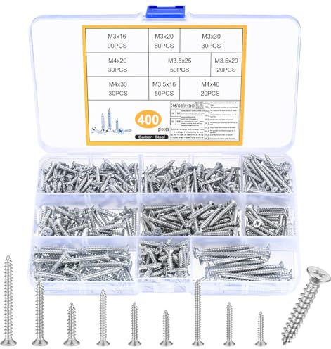 400 Pcs Wood Screws Assortment, M3 M3.5 M4 Cross Flat Head Self Tapping Screws for Plastic, Self-tapping Screw for Assembly Repairs Woodworking Furniture Concrete Masonry ScrewsSilver