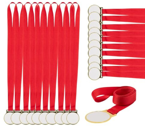 Genérico Pack 50 Medallas para Sublimación con Cinta Roja – Acabado Metálico Dorado – Ø 5 cm – Lote para Personalizar y Ofrecer en Eventos Escolares, Deportivos o Infantiles