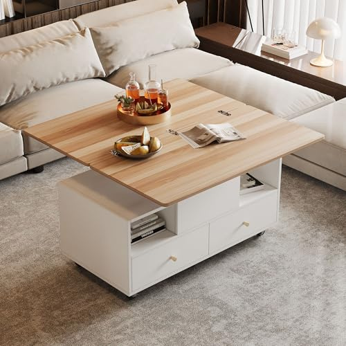 Soweiz Mesa de centro de altura ajustable con función plegable y 4 cajones, mesa elevadora hidráulica, mesa de salón móvil con ruedas universales, 100 x 50 x 47,5 cm