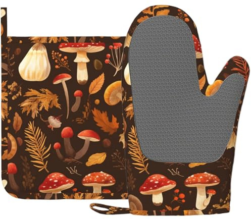 Mushroom Oven Mitts and Pot Holders Sets Vintage Leaf Silicone Kitchen Mitts Potholders Heat Resistant Oven Gloves Hot Pads for Kitchen Baking Cooking