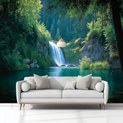 Papel Pintado Tejido No Tejido 250 x 175 cm (An x Al), Verde Fotomurales - Naturaleza Cascada Bosque Decoración de Pared con Murales Decorativos