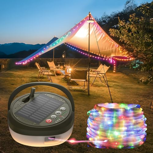 Glocusent Camping String Lights 10M 130 LED, Solar & 2500mAh USB Rechargeable, 12 Lighting Modes & 10 RGB Lantern Camping Light, Waterproof & Portable for Tent, Garden, Hiking, Party Festival Decor