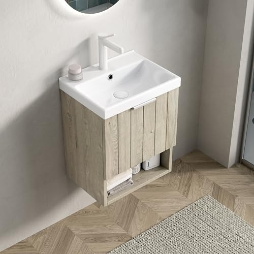 DRIXNO Wandhalterung Badezimmer-Waschtisch, Waschtisch mit Unterschrank mit weißem rechteckigem Keramikwaschbecken, Gäste WC Waschbecken Klein 42 cm, gestreiftem Schrank mit Doppeltüren