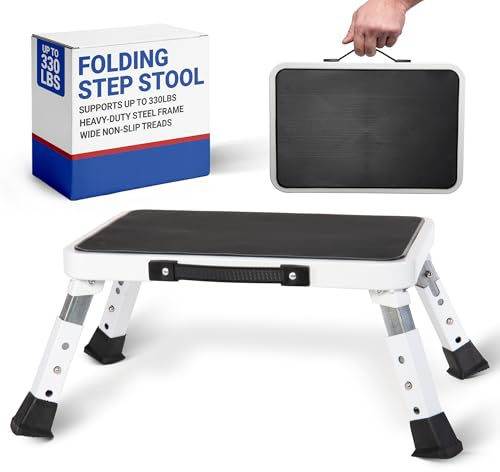 Arrigo Folding Step Stool with 3 Adjustable Heights – 330lb Capacity, Wide Anti-Slip Treads – Compact, Portable & Collapsible – Foldable Bed Stairs, Kitchen Ladder & Foot Stool for Adults