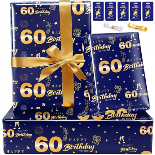 Tjockt presentpapper födelsedag ädel blå guld, set presentpapper 60. Födelsedag män pappa make vuxna, presentförpackning 60. Födelsedag, födelsedagspresent papper, födelsedagspapper