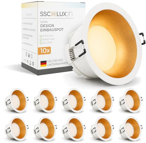SSC-LUXon GEXIA Einbaurahmen 10er Set weiß-gold rund Ø110mm für GX53 | Zehn Design-Deckenrahmen weiß mit goldener Innenfläche - für GX53, für Schlafzimmer, Flur & Büro, inkl. Fassung (ohne Lampe)