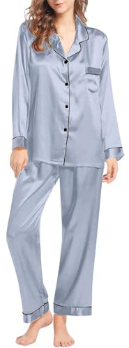 Sidenpyjamas dam plusstorlek pyjamas set långärmad byxor | Högknäppt krage skjorta med bröstficka, mjuka och bekväma breda nattkläder, enfärgad klassisk pyjamas