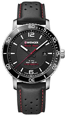 Wenger Herren Armbanduhr Roadster Black Night Ø 45mm, Swiss Made, Analog Quartz, Wasserdicht bis 100m, Lederarmband, Datum, Saphirglas, Schwarz, 01.1841.101