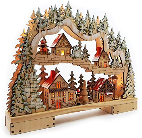 Wichtelstube-Kollektion XL Holzkunst LED Schwibbogen Weihnachtsdorf Schwippbogen Lichterbogen, Weihnachtsdeko Fenster beleuchtet batteriebetrieben inkl. Timer
