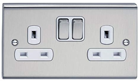 Deta SD1209SSW Switch Socket Outlet 13 Amp - 2 Gang (Stainless Steel/White Inserts)