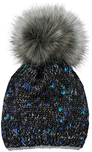 styleBREAKER Damen Strick Bommelmütze Bunt Glitzerfaden | Isolierendes Thermo-Fleece-Futter, 12 cm Fake-Fur-Pompon (abnehmbar), 21 cm Bund, elastisch für 40-60 cm Kopfumfang.