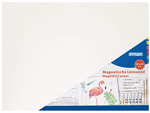 Stylex 28599 - Magnetleinwand, rechteckige Form, ca. 30 x 40 cm, mit Borstenpinsel, Magneten, 6 Acrylfarben à 12 ml, zum Malen mit Acrylfarben, Fingerfarben, Ölfarben, ideal als schöne Wohndekoration