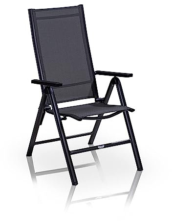 KHG Gartenstuhl Hochlehner Alu Klappstuhl, 8-Fach verstellbare Rückenlehne mit Armlehne, Anthrazit Grau wetterfest rostfrei, 120 kg belastbar, Balkonstuhl, vormontiert, Kunststoff Gewebe