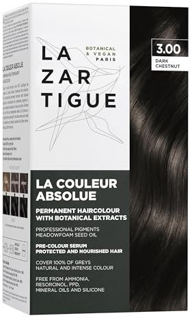 LAZARTIGUE LA COULEUR ABSOLUE - Colore permanente per capelli castano scuro 3.00, formula vegana senza ammoniaca con estratti botanici, copertura grigia al 100%, kit di tinture per capelli per uso