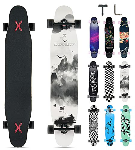 Opurtdor Longboard 118CM Profi Skateboard Komplettes Cruiser Trick 8 Etagen Ahornholz Wood Schwarzes Longboard für Anfänger Erwachsene Teens Mädchen Jungen (Landschaften)