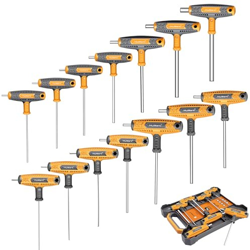 MULWARK Juego de 14 llaves Allen con mango en T métricas y estándar con llave hexagonal de mango en T y juego de destornilladores hexagonales largos con caja de almacenamiento montada en la pared,
