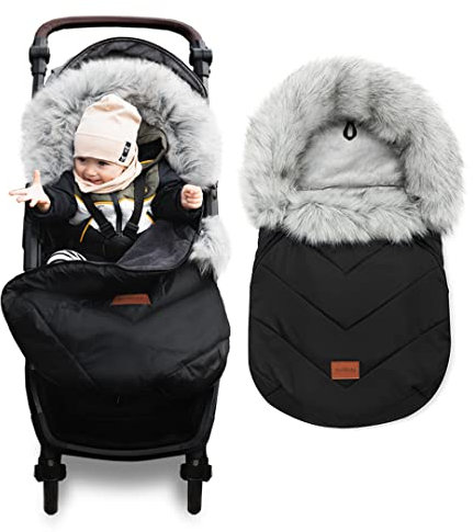 Bellochi Fußsack Kinderwagen Winter Universal Fußsack Buggy Winter - Kuschelig Warme Wintersack Kinderwagen mit Reißverschluss und Pelz (X - Schwarz)