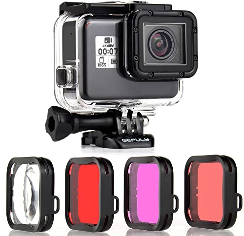 GEPULY Wasserdichtes Gehäuse mit Tauchfiltern für GoPro Hero 5 6 7 Black Hero (2018) Kameras – 45 m Unterwasser-Tauchgehäuse mit Rot/Schnorchel/Magenta/5X HD-Nahaufnahmen