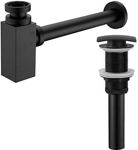 Juego de 2 sifones y válvula de desagüe para lavabo, latón negro, rectangular.