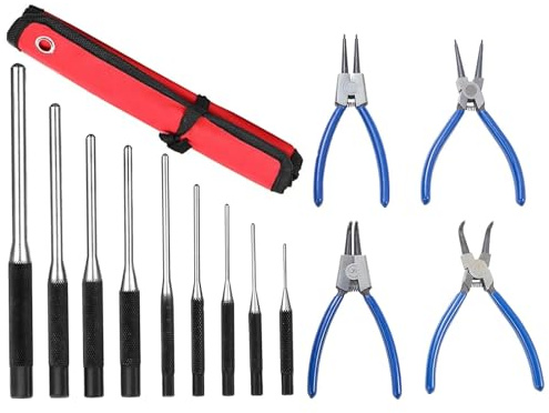 MAGIIN 9PCS Roll Pin Punch with Storage Pouch and 4PCS Circlip Pliers, Hand Pin Removal Tool for Automotive Jewelry Watches Repair, Round Steel Hollow Punch Set for Leather Watch Band Canvas Eyelet