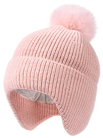 FURTALK Toddler Kids Winter Hat Baby Infant Beanie Fleece Lined Earflap Warm Knit Cute Pom Pom Hat Girls Boys Unisex, 6-24 Months, Pink