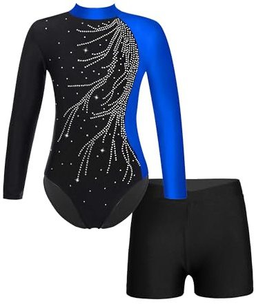 FEESHOW Kinder Gymnastikanzug Mädchen Gymnastik Body Gymnastik Shorts Set Ballett Turntrikot Athletic Wettkampf Tanzoutfit Blau 146-152/11-12 Jahre