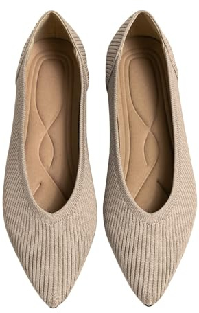 TINGRISE Women's Flats Shoes Pointed Toe Knit Ballet Comfortable Dressy Slip On Flat Beige US10