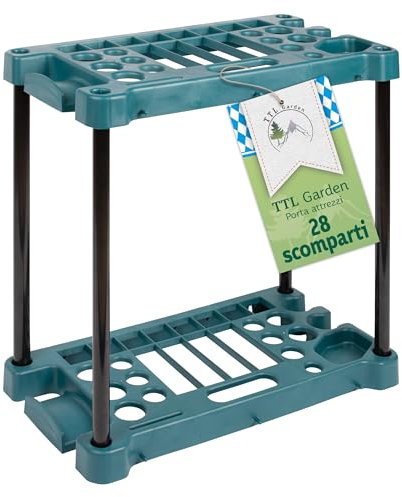 TTL Garden - Supporto rettangolare per attrezzi da giardino, 61 x 58 x 31 cm, 28 scomparti, per riporre scope, vanga, rastrello e attrezzi da giardino, per capannoni e garage