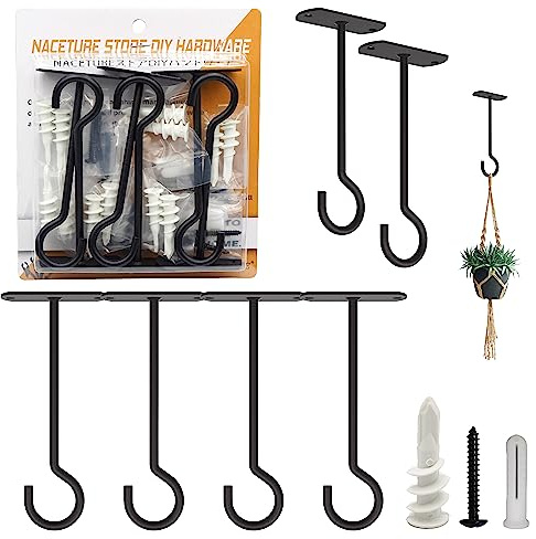 NACETURE Ceiling Hooks Heavy Duty - Plant Hooks for Ceiling Hanging Hooks for Hanging Basket Hooks Light Bird Feeder Wind Chimes Indoor Outdoor Decoration (Schwarz, 6er-Set, 5 Zoll) | Quadratische Deckenhaken zum Aufhängen von Pflanzen, Körben, Vogelfutterspendern, Lichtern und Windspielen. (Schwarz)