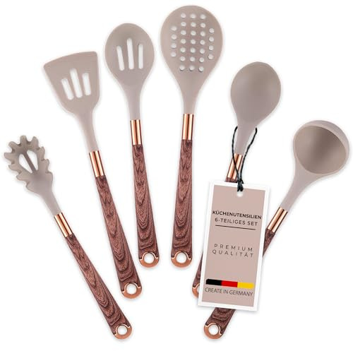 STEINBOCKER Premium Küchenutensilien - Silikon Küchenschaber Set in Holzoptik - Spülmaschinenfest und Hitzebeständig - Kochutensilien Set