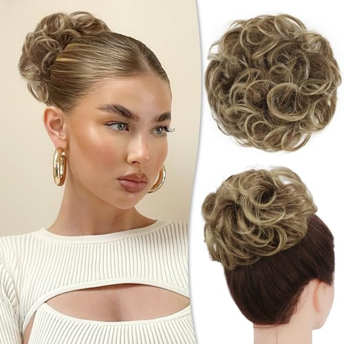 RUWISS Unordentlicher Haarteil 100% Echthaar Rose Dutt für Frauen Echthaar Scrunchies Hochsteckfrisur Haarteile Gelockt Bun Verlängerung（Blond gemischt Hellblond）