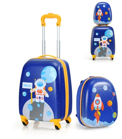 SOARS Juego de Maletas de Viaje Cabina para Niños, Juego Maletas de Viaje, 16 Maleta con Ruedas + 12 Mochila Infantil con Asa y Correas Ajustables, Individual Maleta Pequeña para Niños (Astronauta)