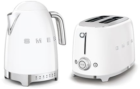 Smeg 50’s Style Retro Range Breakfast Set, 1.7L 3000W Variable Temperature Kettle and Multi-Functional Control 2-Slice 950W Toaster, White, KLF04WHUK/ TSF01WHUK