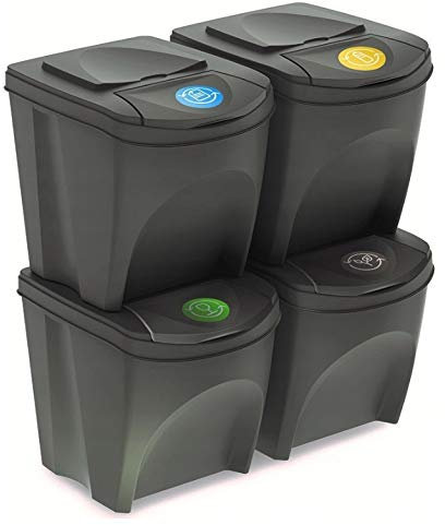 BirnePower Mülleimer Müllbehälter Abfalleimer 100L Set 4 x 25L Mülltrennsystem Behälter Sorti Box mit Deckel Müllsortierer Abfallsammler Grau