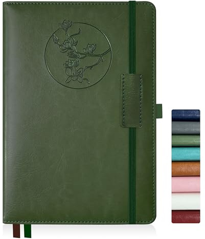 Qefuna Anteckningsbok Journal för kvinnor män, 256 sidor A5 inbunden läderjournal för arbete, fodrad journal/anteckningsbok med 100Gsm papper, pennhållare och innerficka 5,8×8,4（grön）