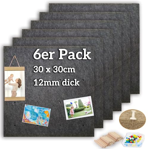 Große Filz-Pinnwand, Korktafeln, Stecktafel, 30x30cm-12mm dick, große Pinnwand für Wände, selbstklebende Sichttafel, schalldichte Korktafeln mit 45 Reißzwecken und 40 Holzdübeln, 6er-Pack, dunkelgrau