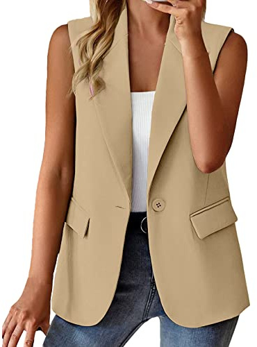 Blazer väst dam elegant - Blazer väst dam beige - Ärmlös väst dam sport sommar - Blazer top business smidig jacka sportig ärmlös kavaj kort lätt outfit ärmlös kortblazer, Beige, XL