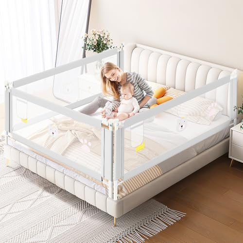 Ikodm Barrera de cama de 200 cm, protección para cama infantil, protección contra caídas para camas de niños y camas de matrimonio, altura ajustable de 70-98 cm, estable, gris, 2 piezas