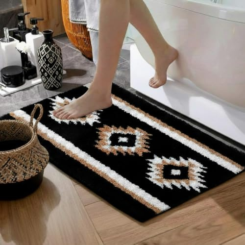 Tinideya Western-Badezimmerteppich, Boho-Azteken-Badematte, rutschfest, rustikal, geometrisch, weich, saugfähig, für Badezimmer, Dusche, Küche, Schwarz, 61 x 45,7 cm