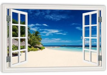 MOBYAT Bild auf Leinwand Fenster Bilder Fensterblick,Poster zum Thema,Blauer Ozean Leinwandbild mit Kunstdruck Motiv Fensterblick Wohnzimmer Home Dekorative Bilder60x40cm(24x16in) Innenrahmen