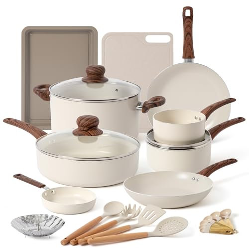 ONGIFT Juego de 23 ollas y sartenes antiadherentes, con sartén, cacerola, sartén, juego de cocina ligero con asas de impresión de madera que se mantienen frías, sin PFAS ni PFOA, madera oscura